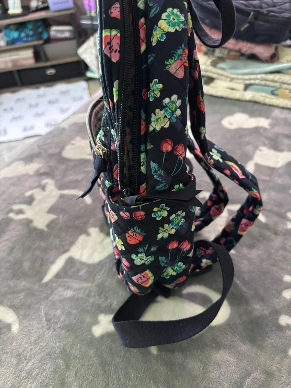 Vera Bradley Black Quilted MINI Backpack with Pink & Red Fruit Floral Print